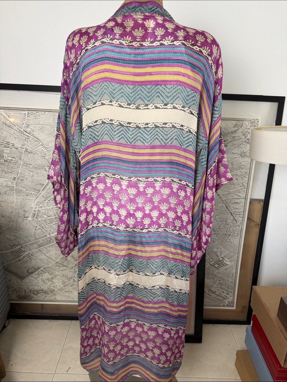 Mes Demoiselles Purple Teal Gold Striped Floral Scarf - Picture 8 of 9